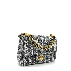 Chanel Mini Square Pearl Flap Bag Black and White Sequin Tweed Brushed Gold Hardware