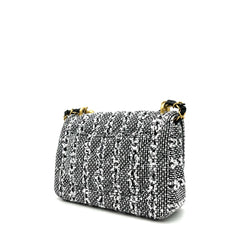 Chanel Mini Square Pearl Flap Bag Black and White Sequin Tweed Brushed Gold Hardware