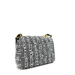 Chanel Mini Square Pearl Flap Bag Black and White Sequin Tweed Brushed Gold Hardware