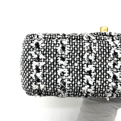 Chanel Mini Square Pearl Flap Bag Black and White Sequin Tweed Brushed Gold Hardware