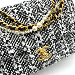 Chanel Mini Square Pearl Flap Bag Black and White Sequin Tweed Brushed Gold Hardware