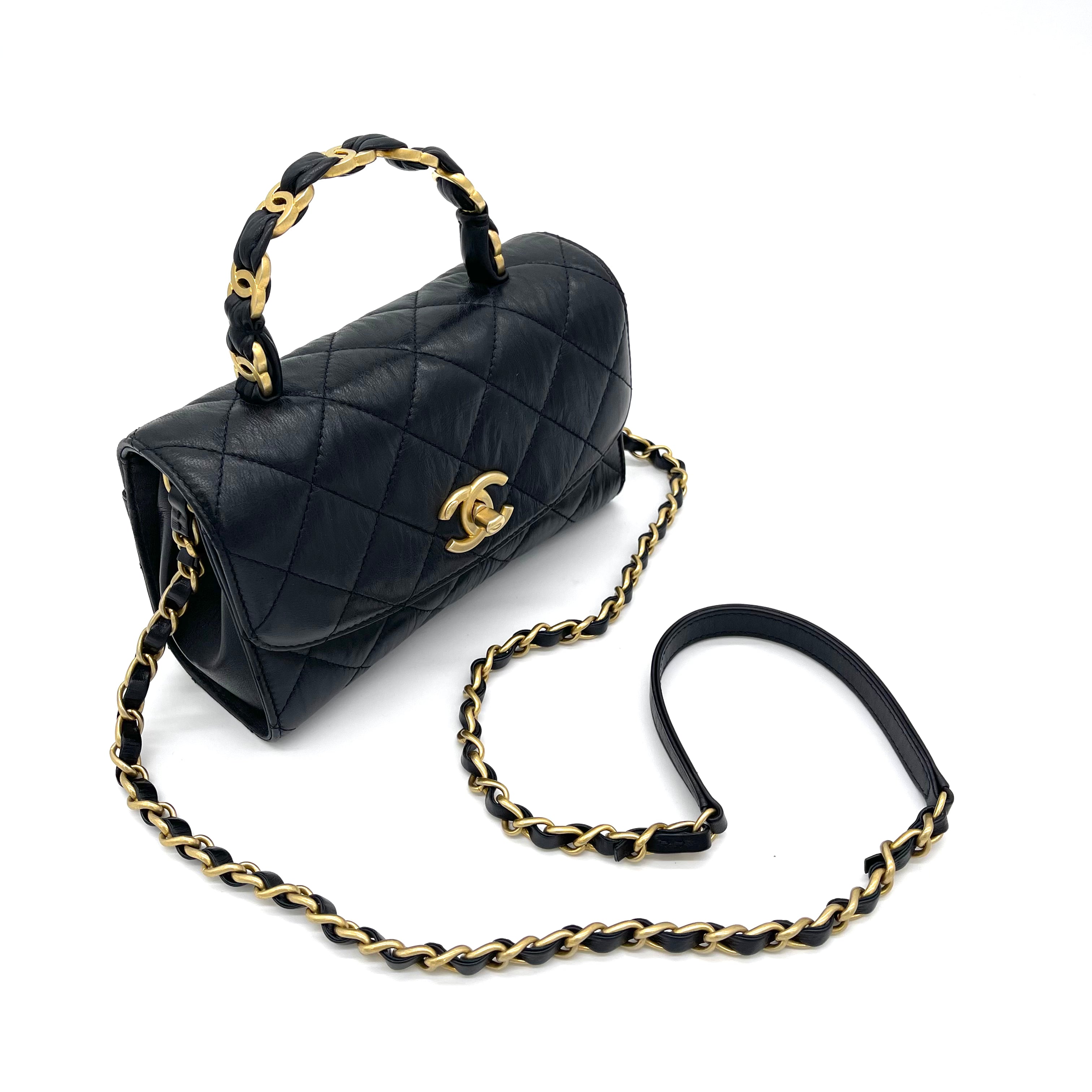 Chanel Top Logo CC Quilted Black Leather Chain Shoulder Bag Flap