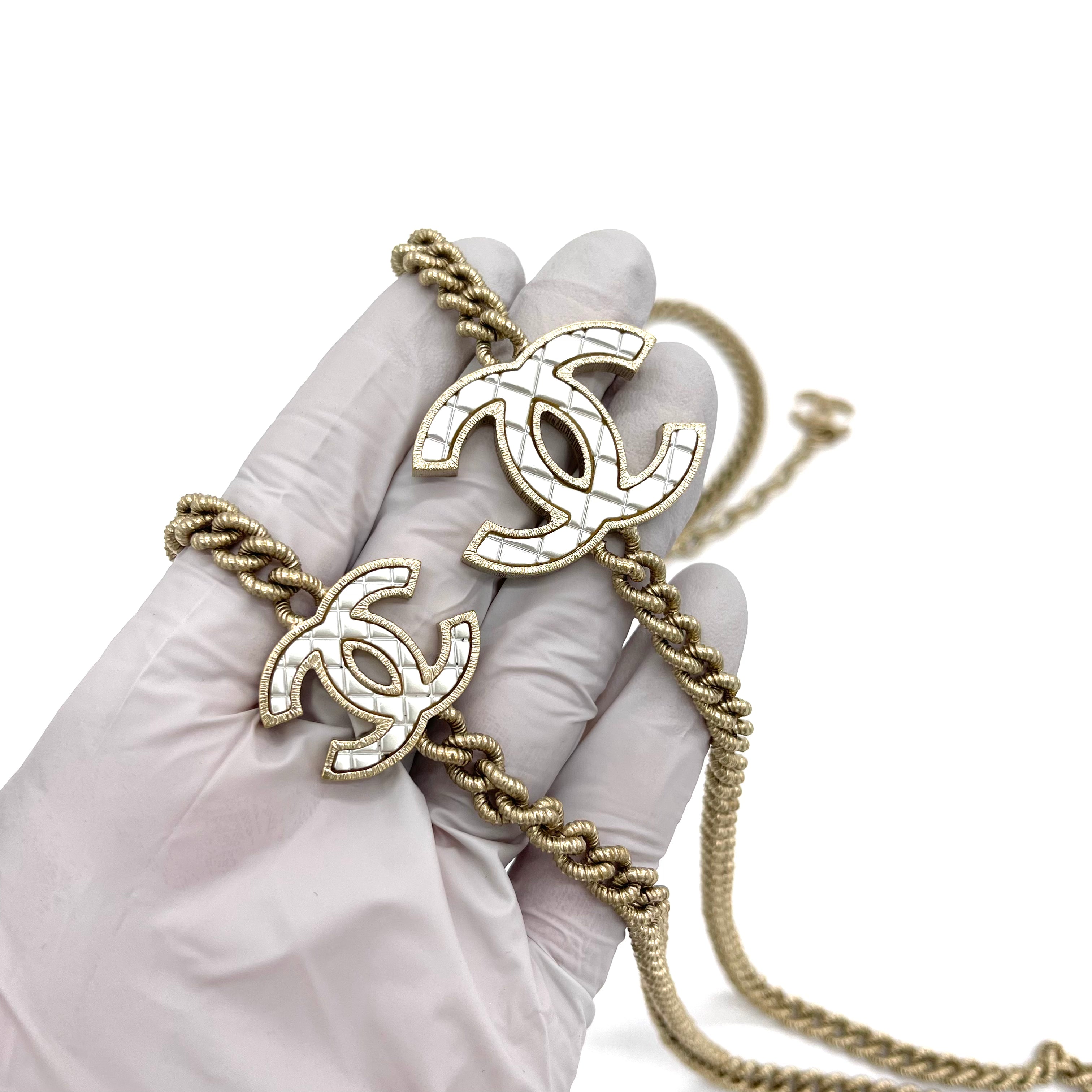 Chanel Quilted CC Long Chain Necklace Gold Pearly White