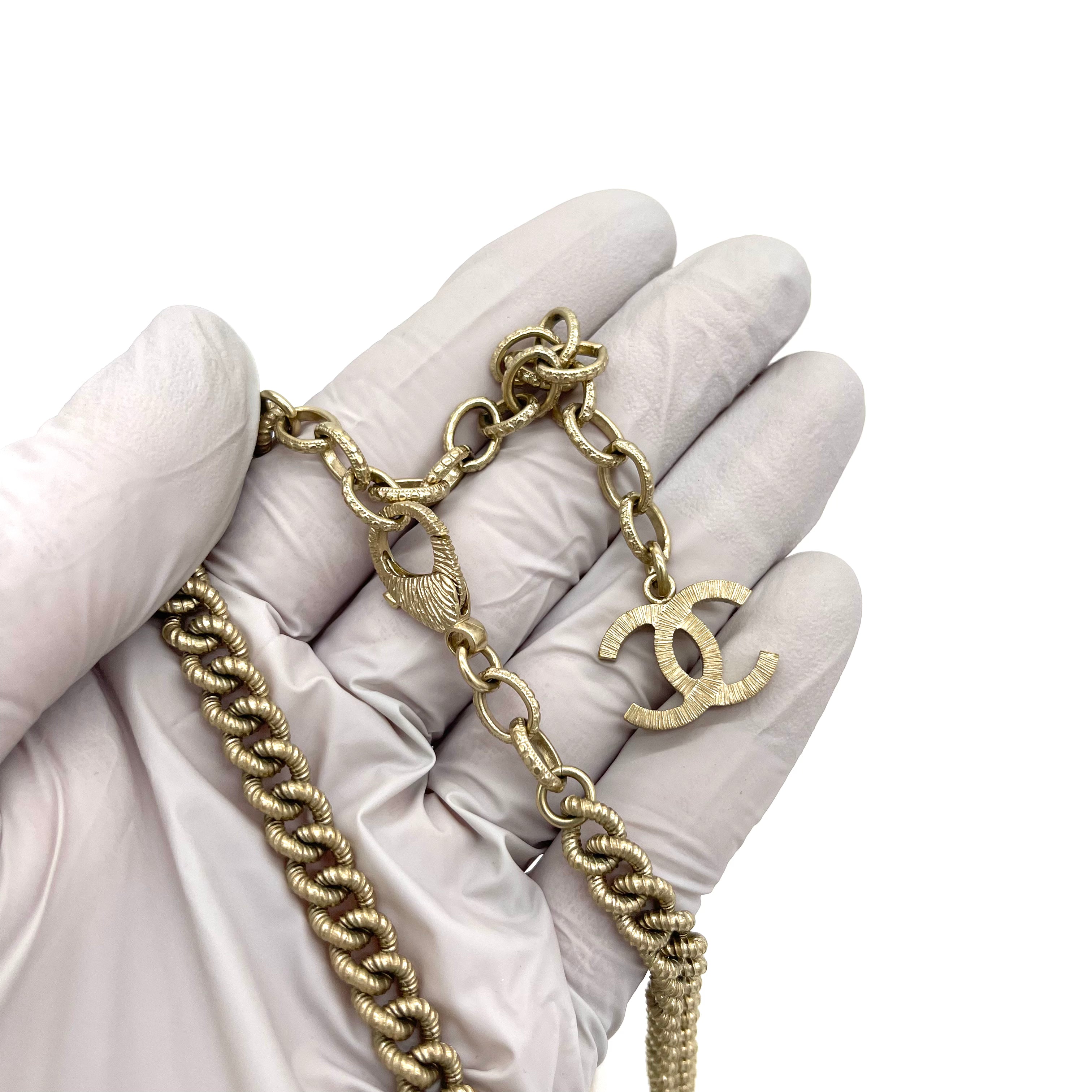 CHANEL Quilted CC Long Chain Necklace Gold Pearly White