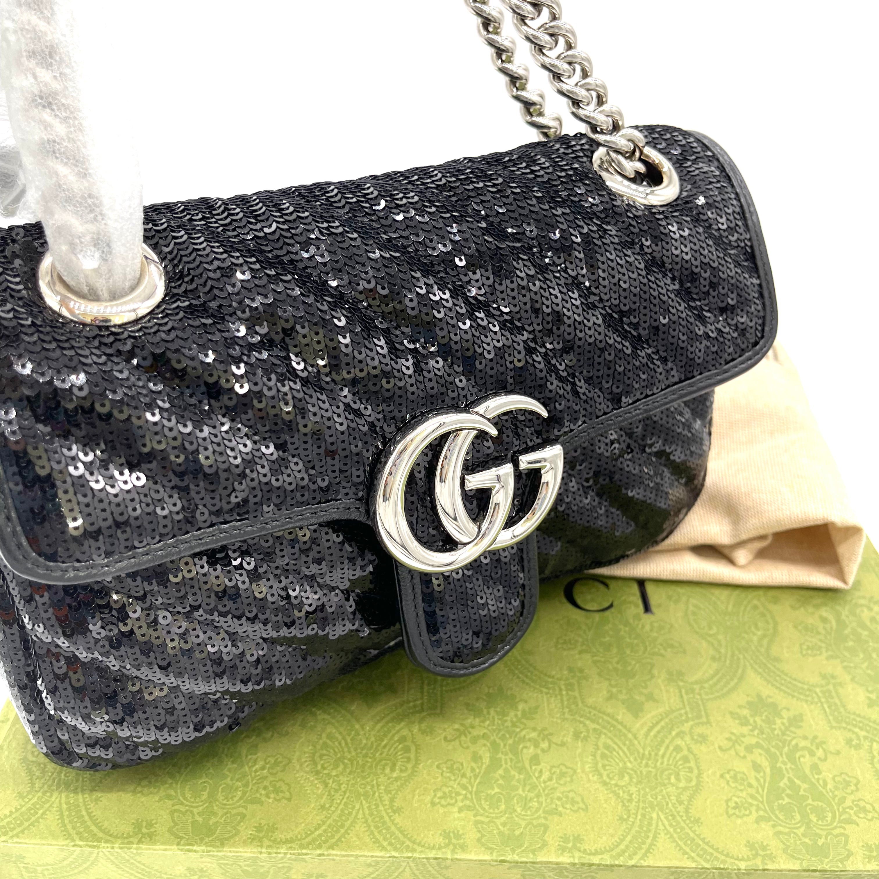 [Brand New]GUCCI Sequin Matelasse Mini GG Marmont Shoulder Bag Black