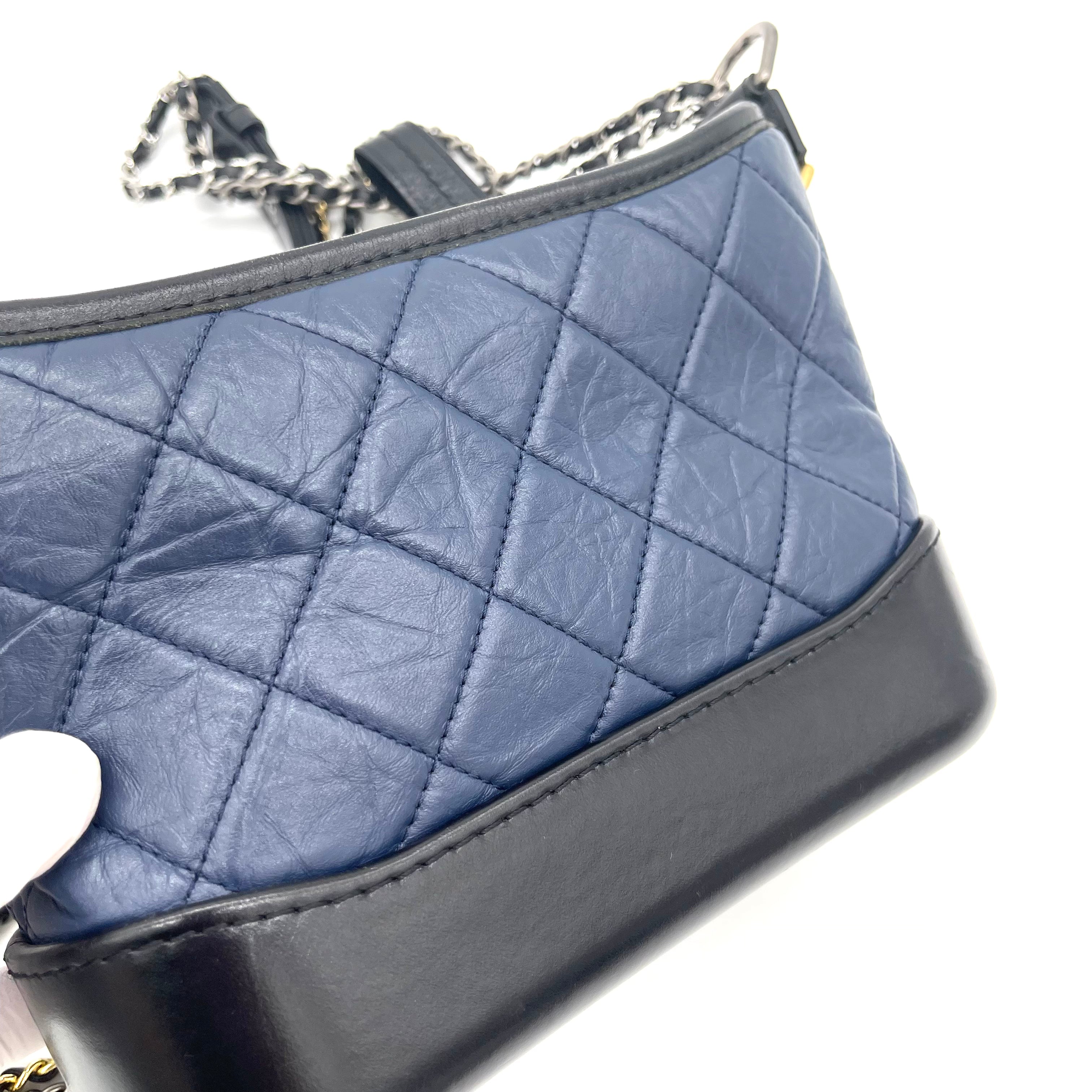 Chanel Aged Calfskin Quilted Small Gabrielle Hobo Navy Black