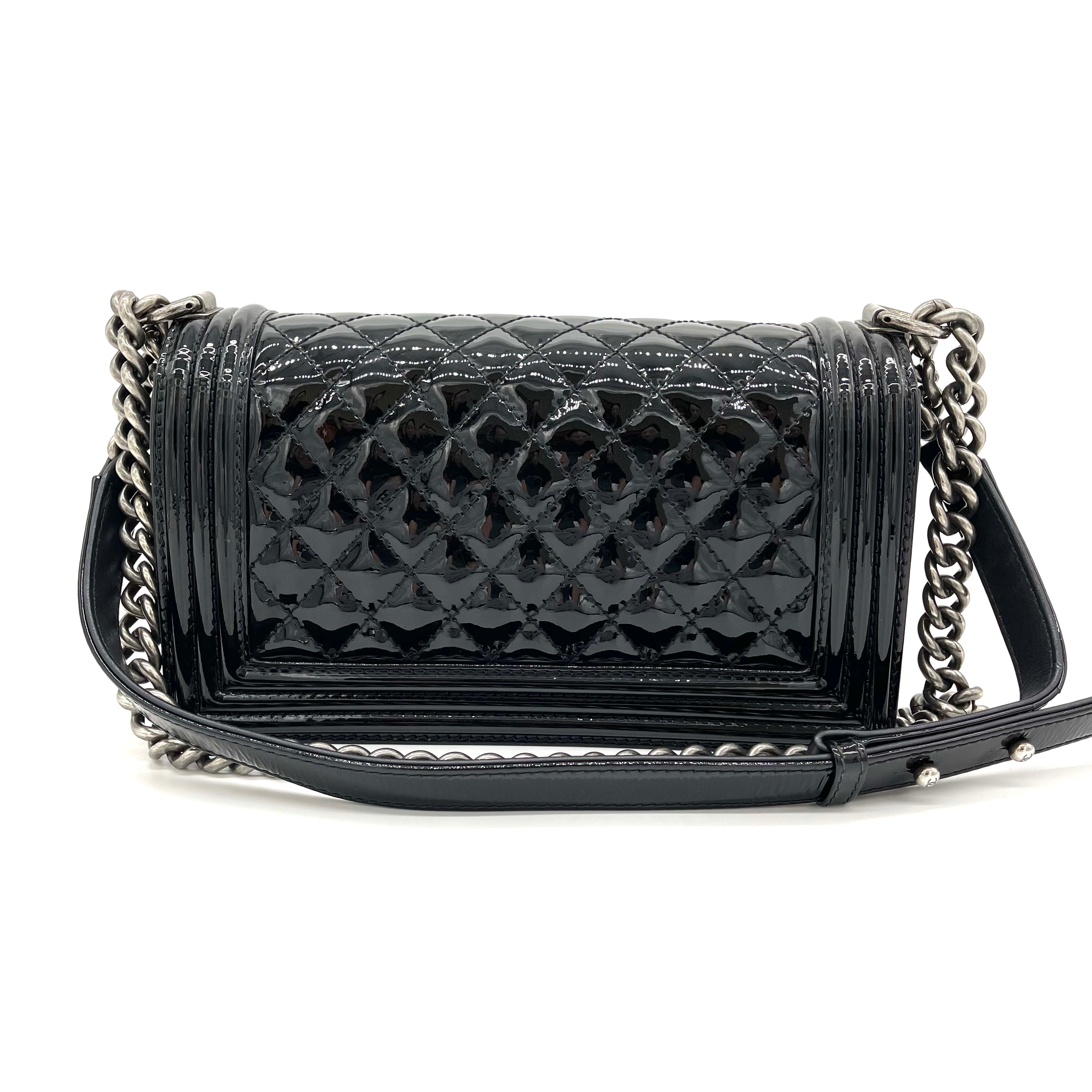 Chanel Black Quilted Patent Leather Medium Boy Bag