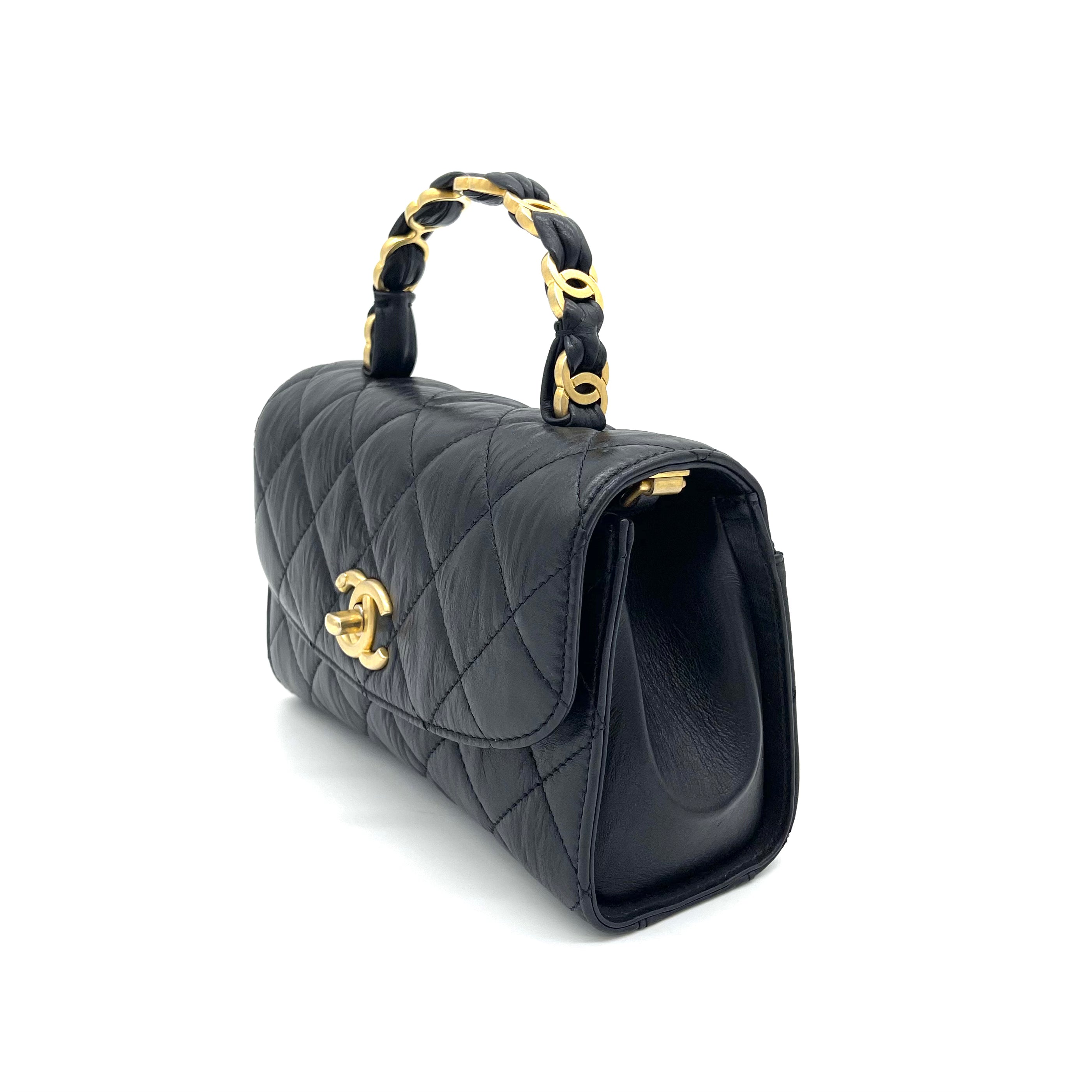 CHANEL Crumpled Lambskin Quilted Mini CC Links Top Handle Flap Black