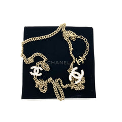 CHANEL Quilted CC Long Chain Necklace Gold Pearly White