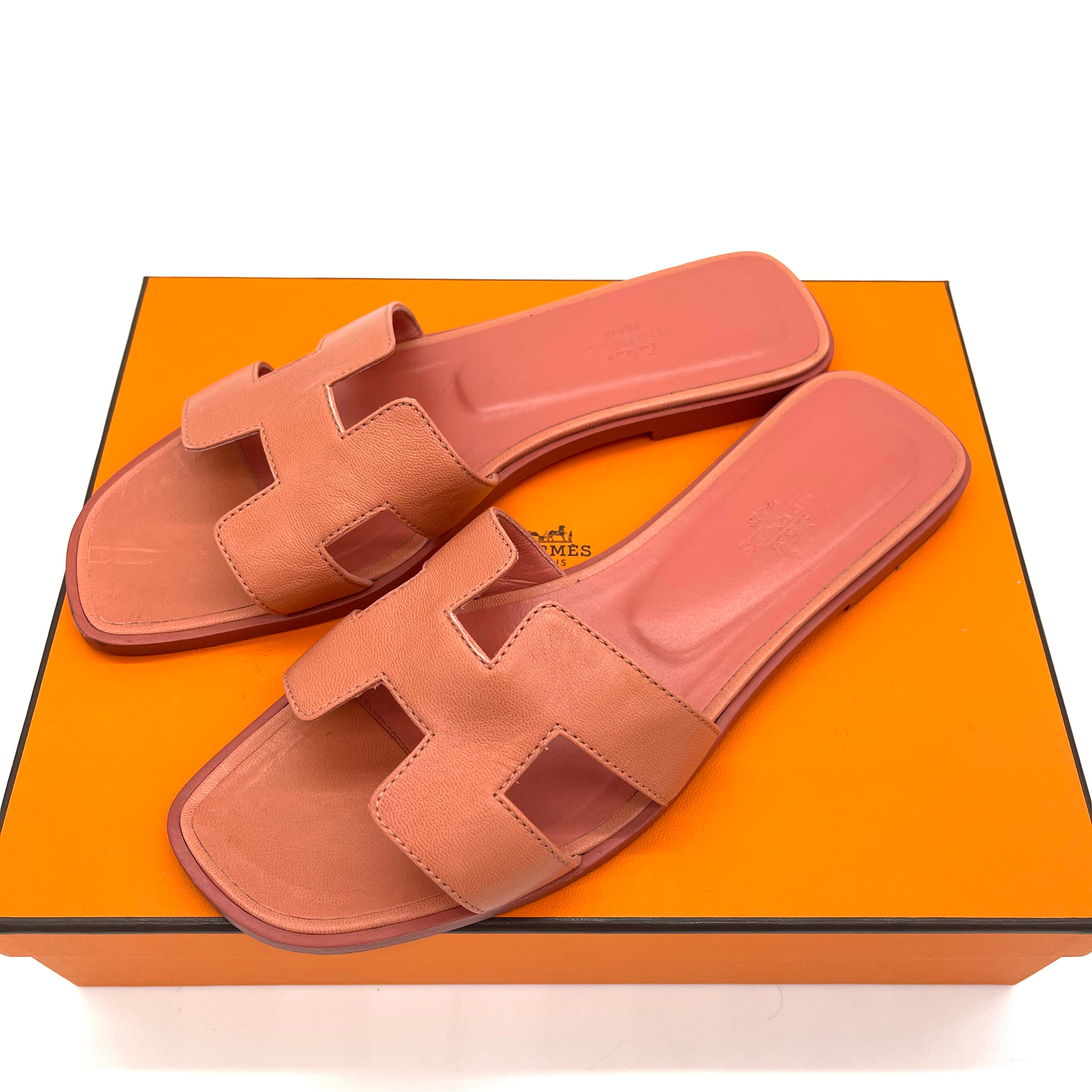 Hermes Oran Sandal Flat Shoes Rose Aube Epsom