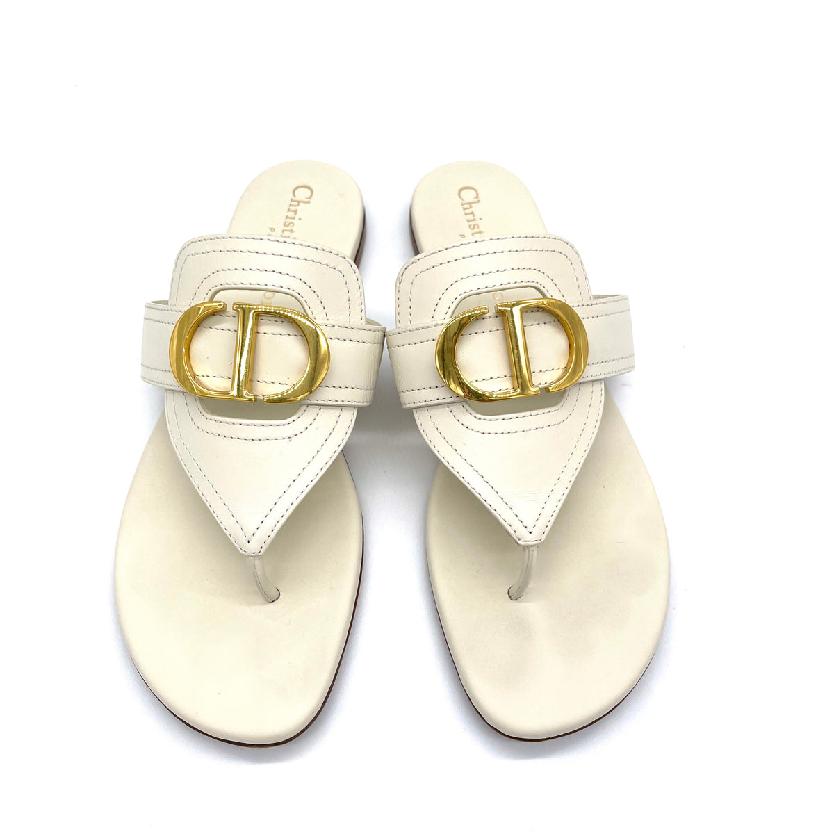 DIOR 30 MONTAIGNE Leather Thong Flat Sandals Slides Shoes Cream White Size 37