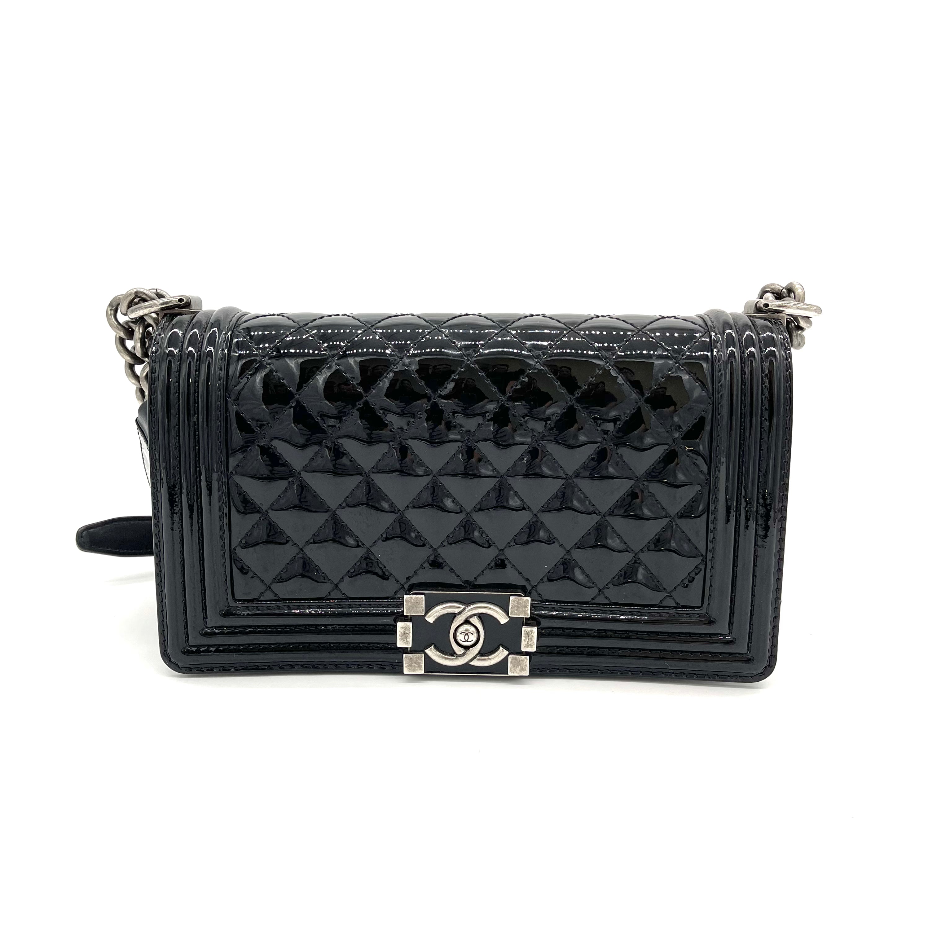 Chanel Black Quilted Patent Leather Medium Boy Bag –