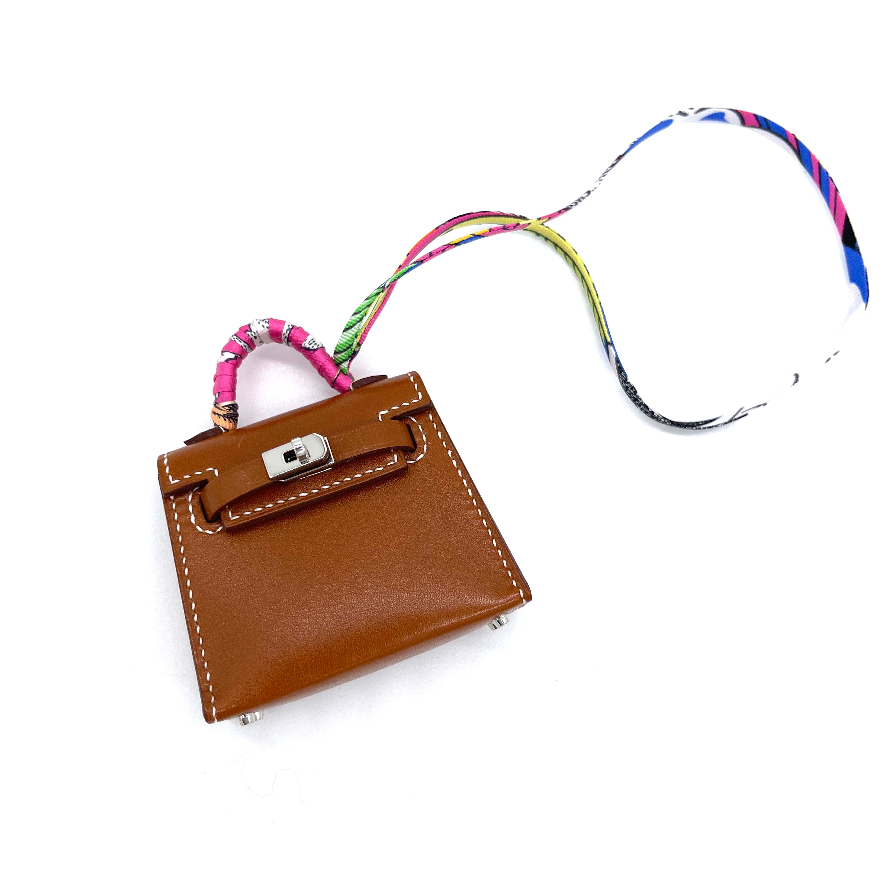 New Hermes Kelly Twilly Bag Charm Fauve Palladium Tadelakt Leather