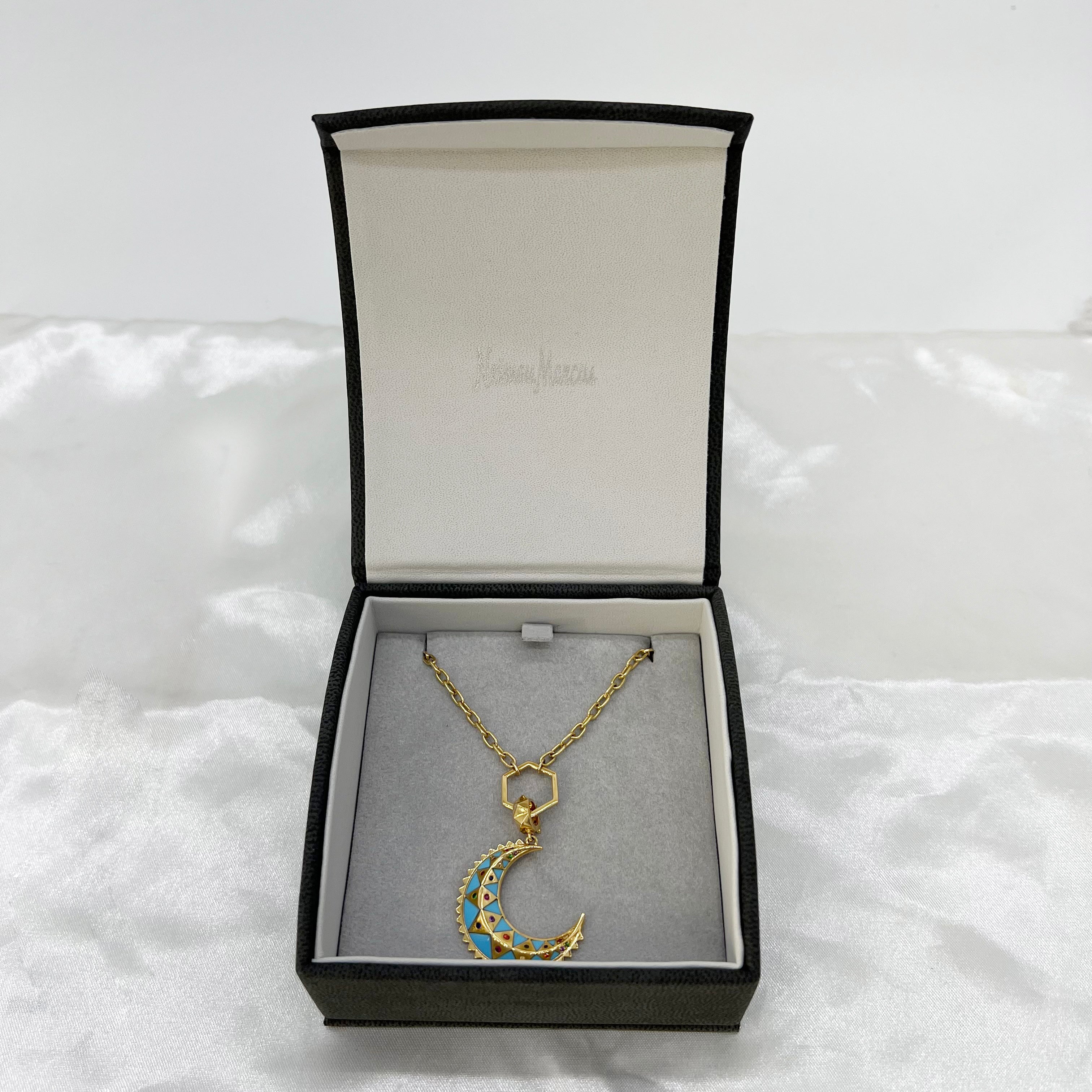 Guaranteed Authentic Harwell Godfrey Crescent with Opal Inlay and Multi-Color Sapphire Pendant Necklace 10"