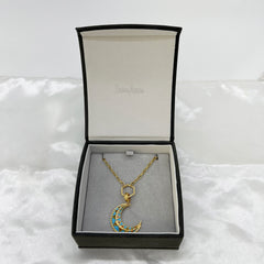 Guaranteed Authentic Harwell Godfrey Crescent with Opal Inlay and Multi-Color Sapphire Pendant Necklace 10"