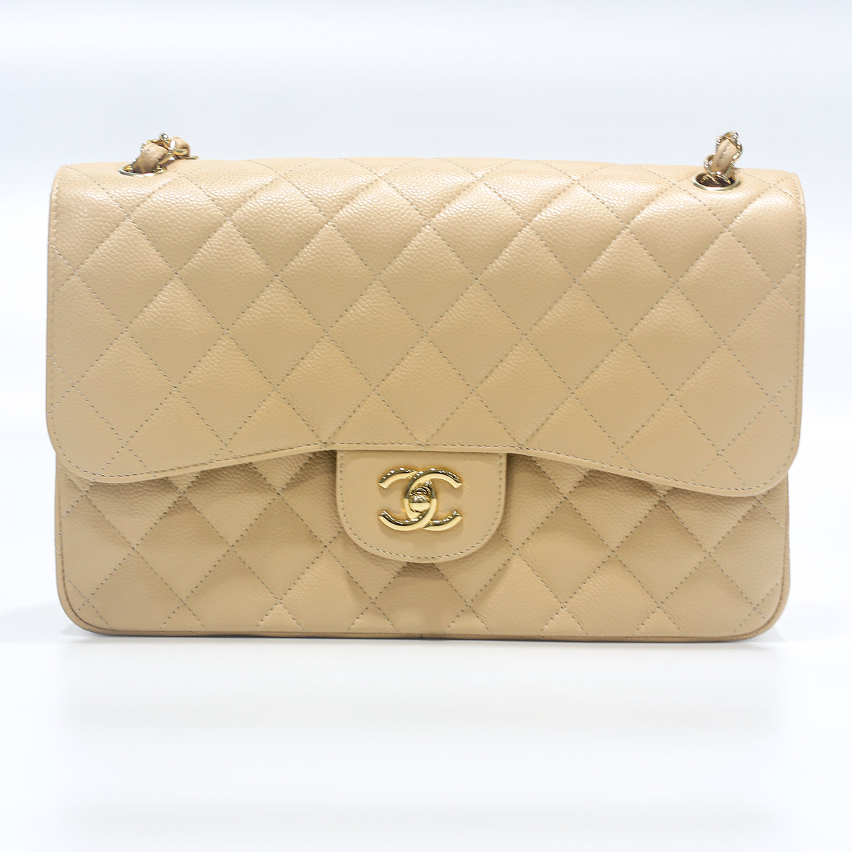 CHANEL CC Logo Quilted Caviar Jumbo Double Flap Bag Brown Gold