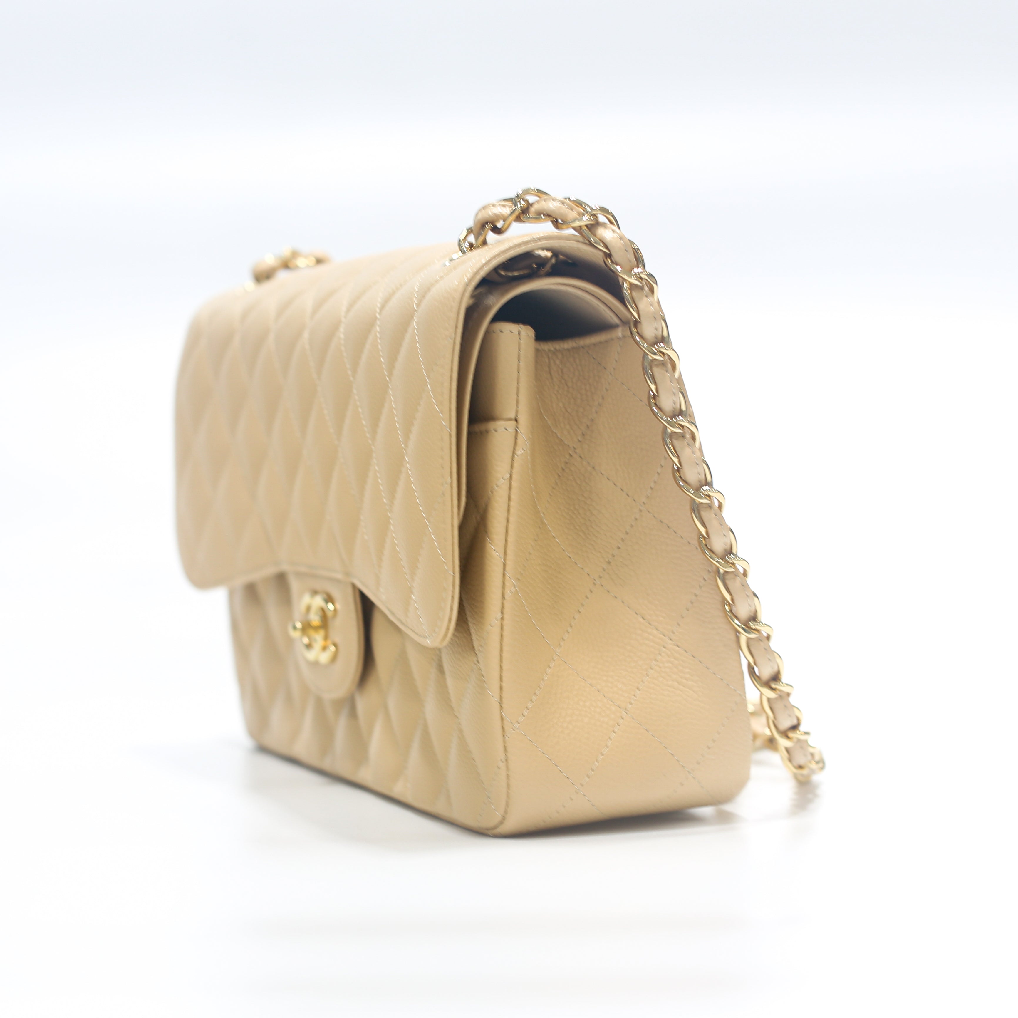 Beige Quilted Caviar New Classic Double Flap Jumbo
