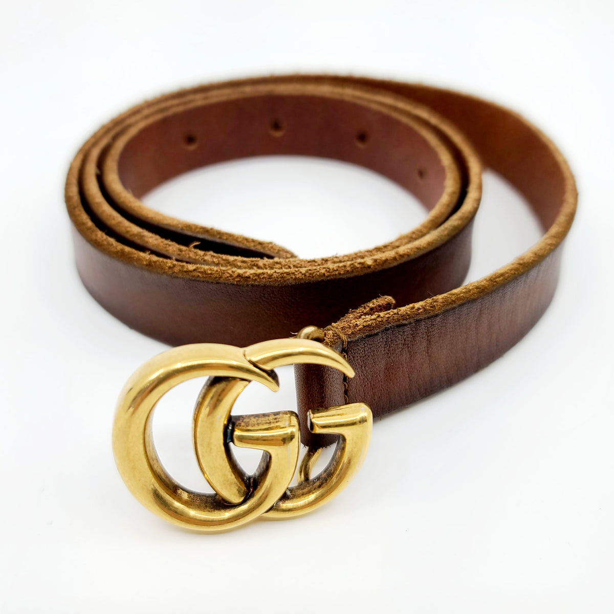 GUCCI GG Thin Brown Leather Belt with Double G for Ladies