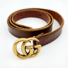 GUCCI GG Thin Brown Leather Belt with Double G for Ladies