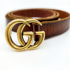 GUCCI GG Thin Brown Leather Belt with Double G for Ladies