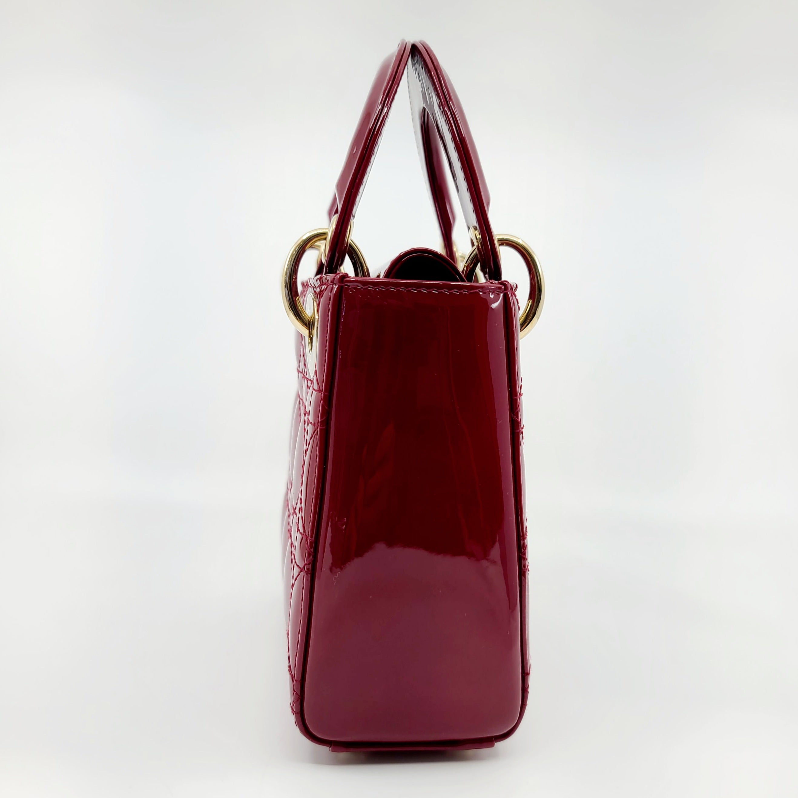 NEW in Lt ED BOX LADY DIOR Cherry Red Patent Cannage Calfskin Small Bag  Gold Hdw