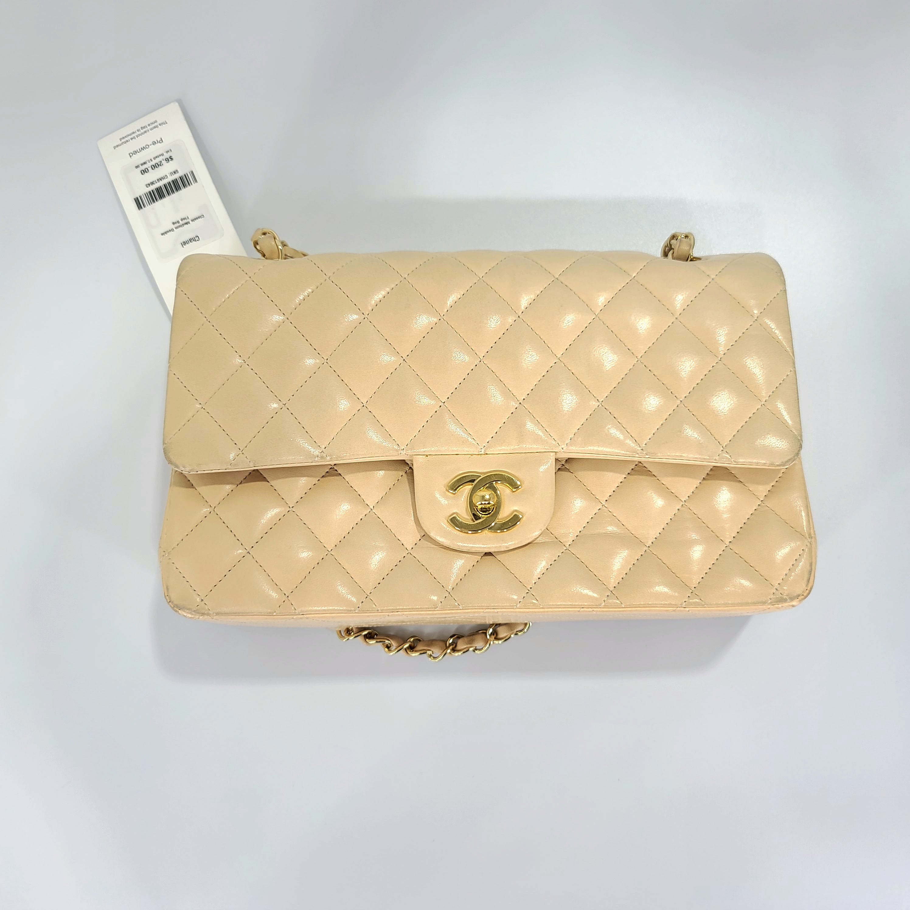 Chanel W Matrasse Flap Chain 25.5 Lambskin Beige Leather Shoulder Bag –