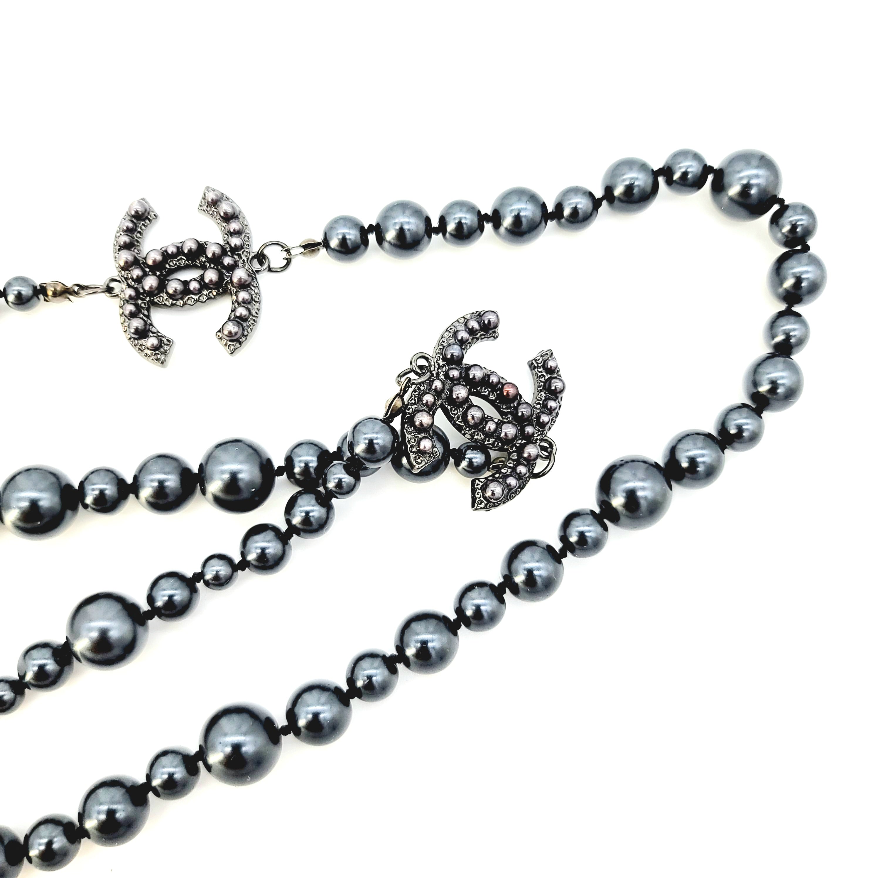 Chanel Brand New Silver CC Black Crystal Geo Black Bead Necklace