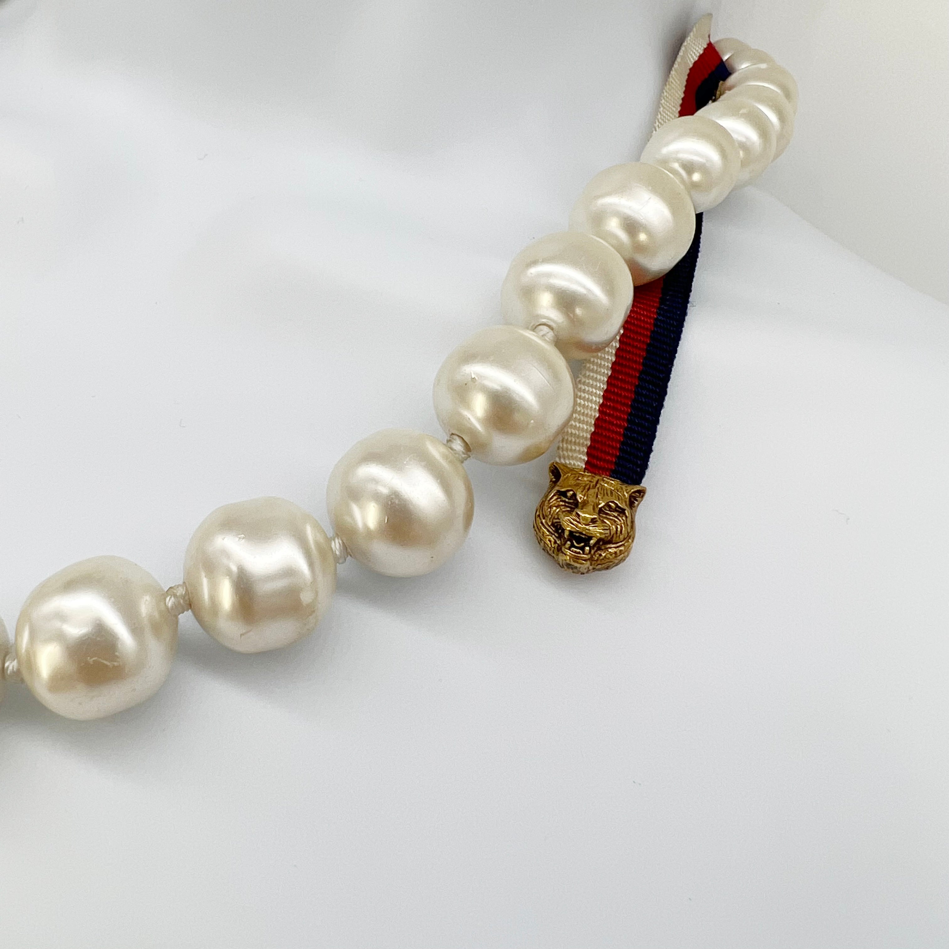 Guaranteed Authentic Gucci Faux Pearl Necklace with Ribbon with Feline Head Appx 10"