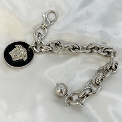Guaranteed Authentic Versace Silver-Tone Chain Bracelet with Black Medusa with Crystal Charm