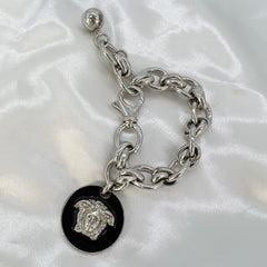 Guaranteed Authentic Versace Silver-Tone Chain Bracelet with Black Medusa with Crystal Charm