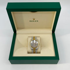 다이아몬드로 덮인 18k 옐로우 골드 36mm 정품 롤렉스 오이스터 퍼페츄얼 데이트저스트 마더 오브 펄 보장 모델 #116233