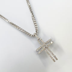 14K Solid White Gold Franco Chain with Diamond Set Cross Pendant  13" [14K Solid Gold ]