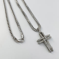 14K Solid White Gold Franco Chain with Diamond Set Cross Pendant  13" [14K Solid Gold ]