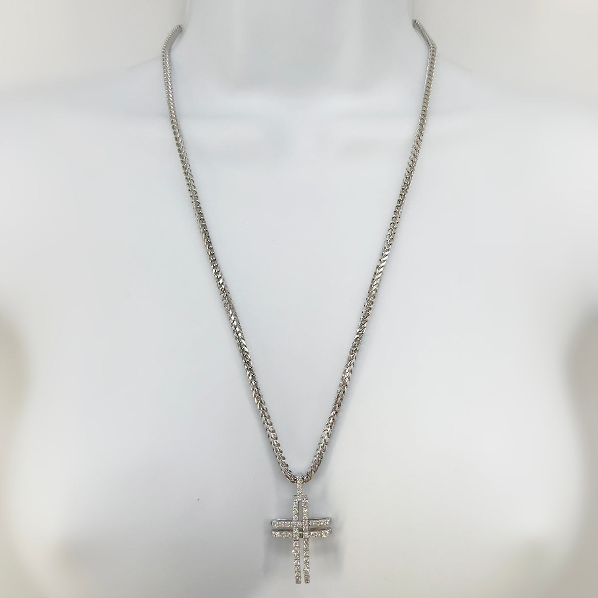14K Solid White Gold Franco Chain with Diamond Set Cross Pendant  13" [14K Solid Gold ]