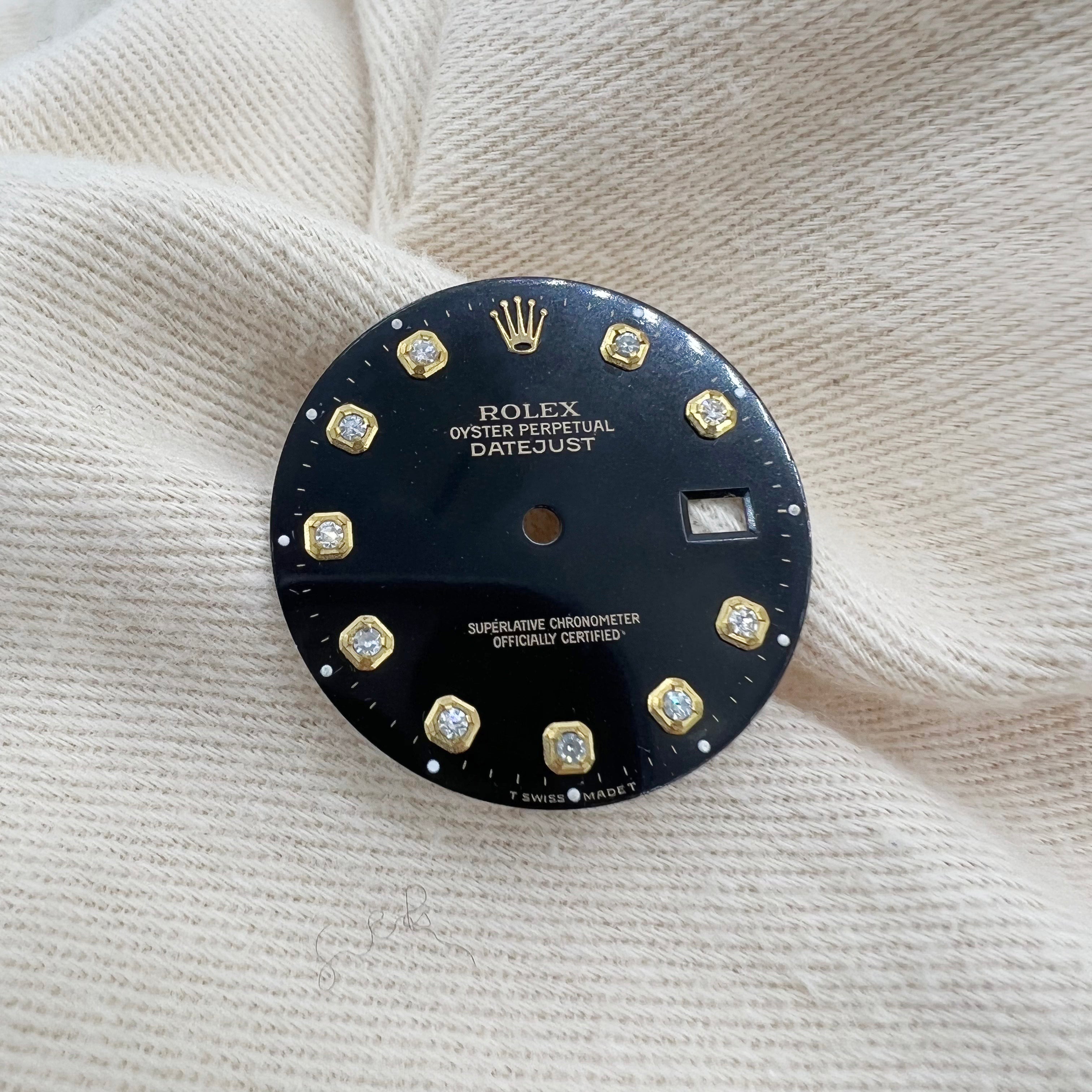 정품 롤렉스 Oyster Perpetual DateJust 블랙 10포인트 다이아몬드 및 골드 테두리 시계 다이얼 36mm 보장