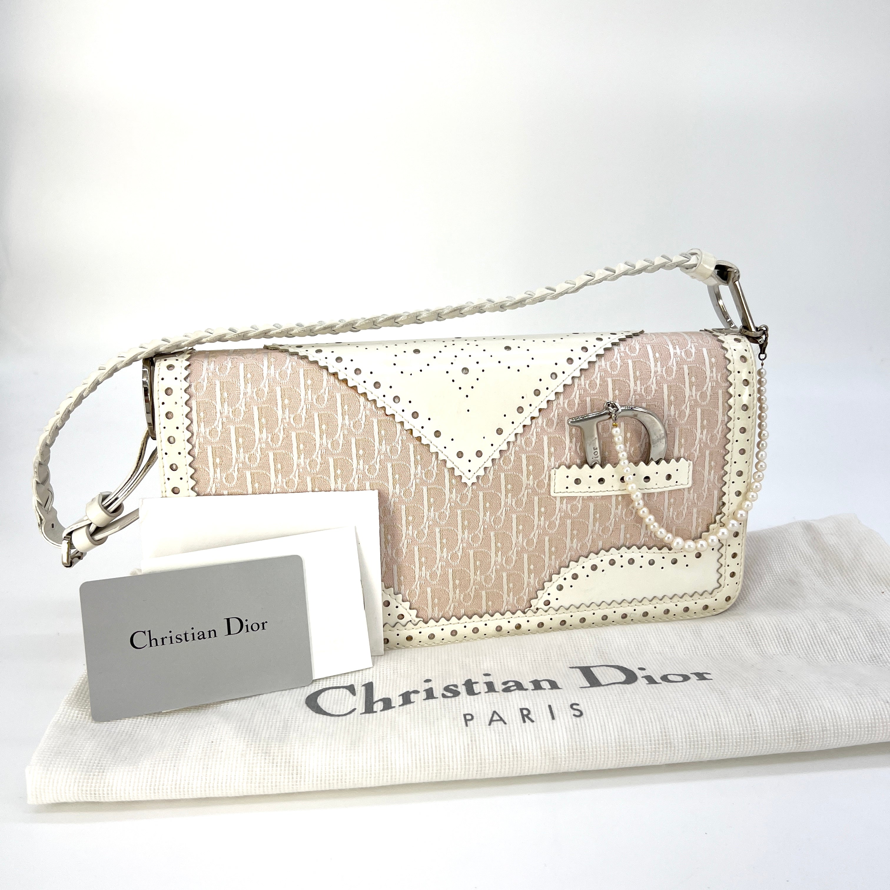 CHRISTIAN DIOR D'Trick Zip Shoulder Bag Leather with Diorissimo Canvas Rose Clair [Guaranteed Authentic]