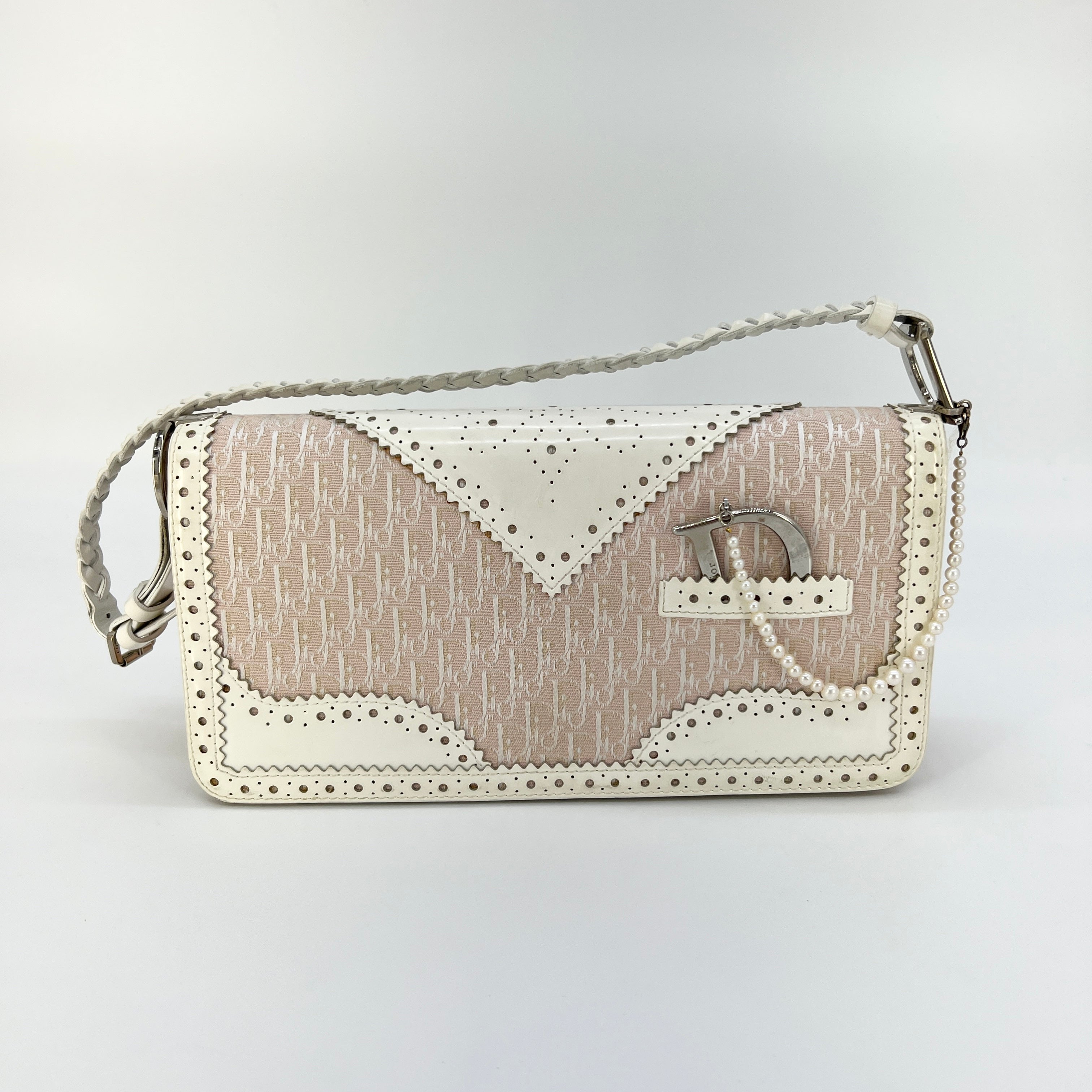 CHRISTIAN DIOR D'Trick Zip Shoulder Bag Leather with Diorissimo Canvas Rose  Clair [Guaranteed Authentic] - Rose Clair