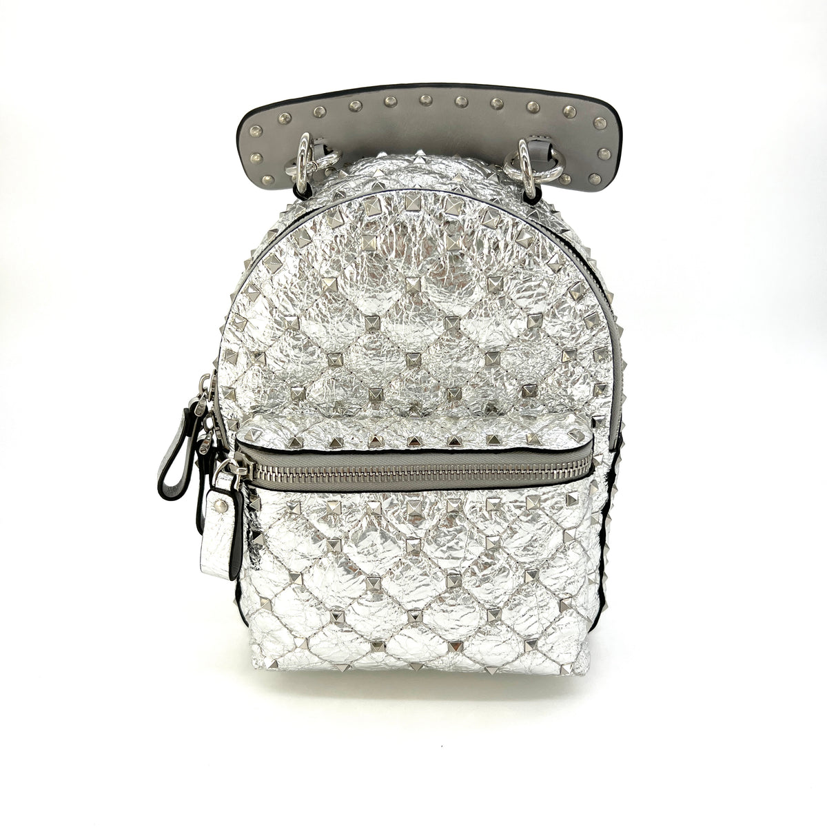 Valentino Metallic Silver Leather Rockstud Spike Mini Backpack Silver [Guaranteed Authentic]