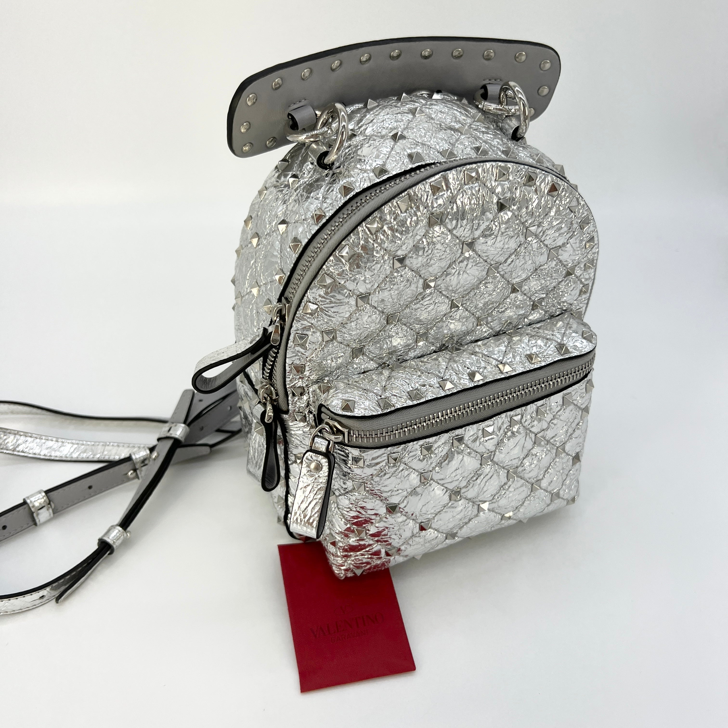 Valentino Metallic Silver Leather Rockstud Spike Mini Backpack Grey  ref.639388 - Joli Closet
