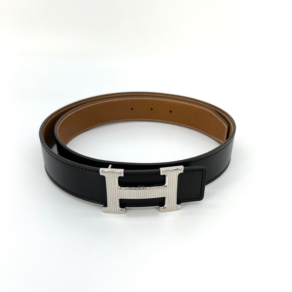 Hermes H Strie Buckle Reversible Belt Leather Medium 85 Black/Brown [Guaranteed Authentic]