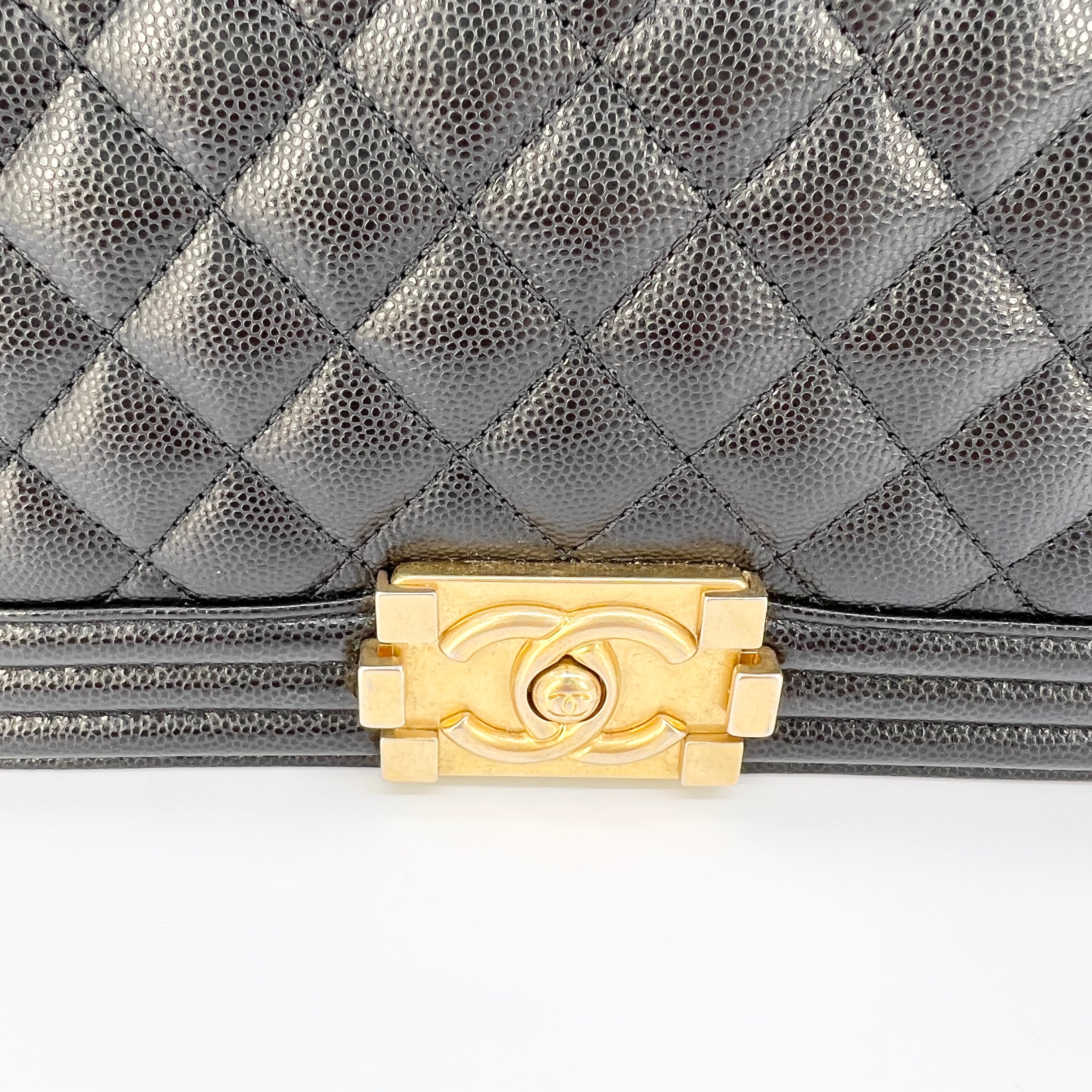 Chanel Le Boy Old Medium 20B Gray Quilted Caviar with light gold