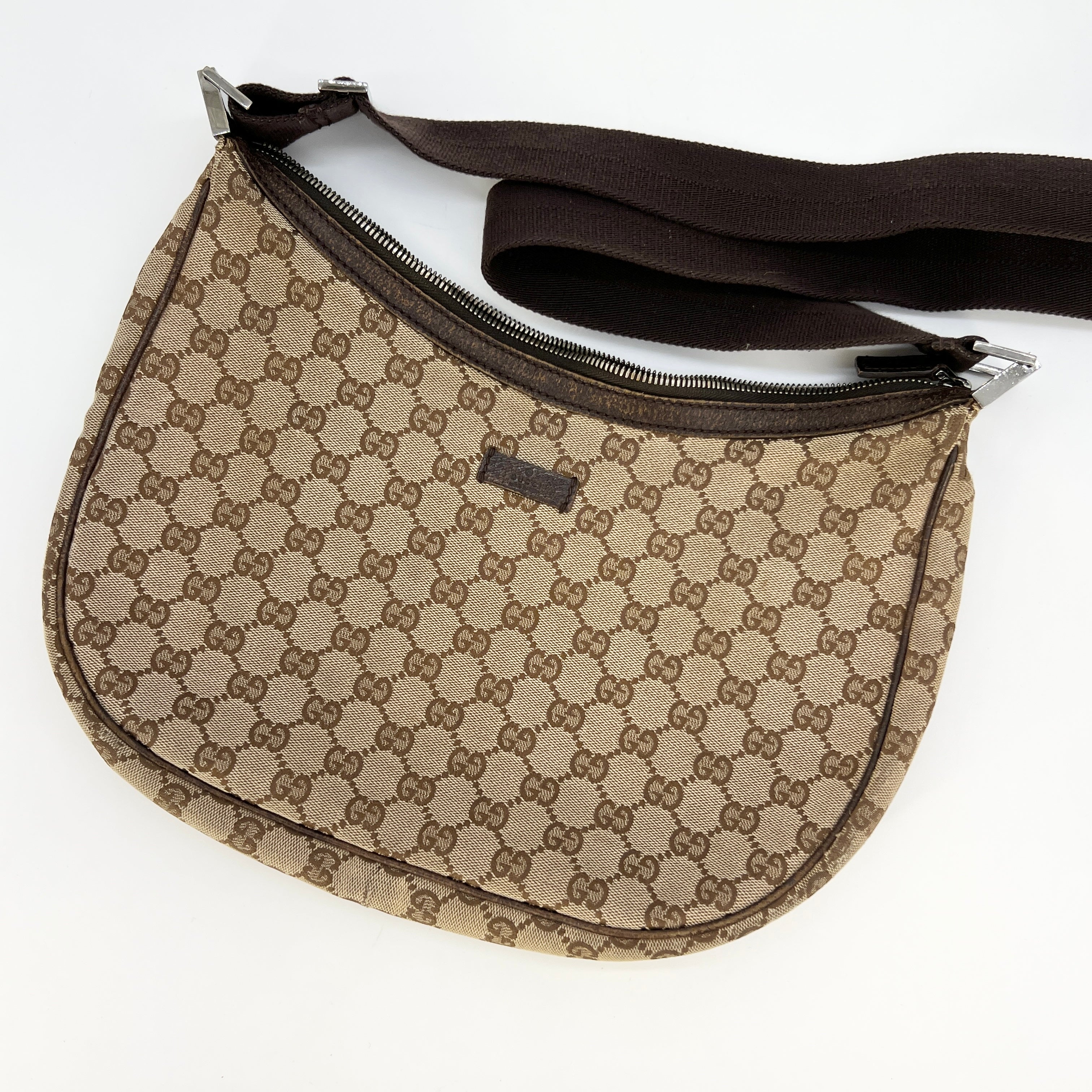 Vintage Authentic Gucci Logo Canvas Brown Leather Hobo Shoulder Bag