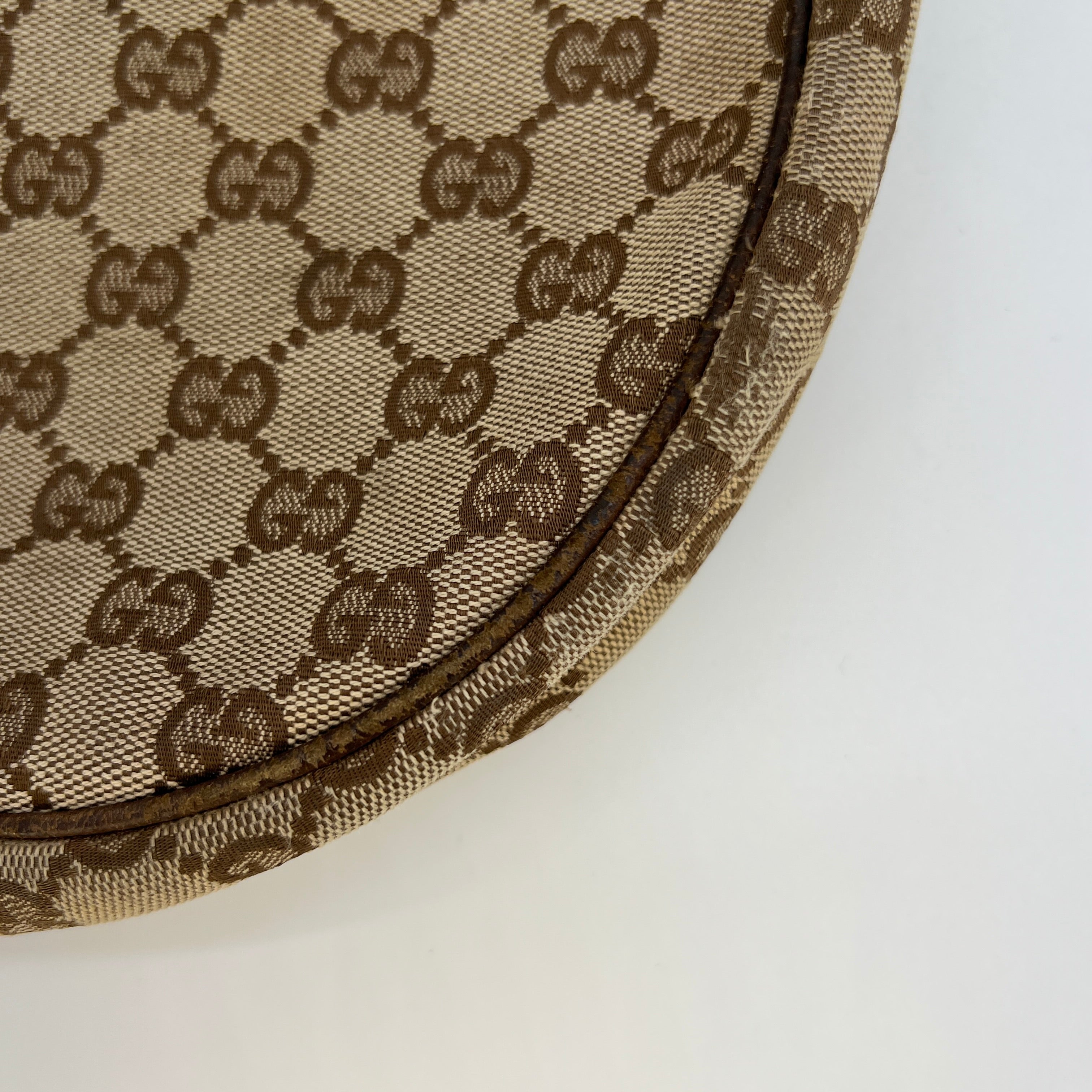 Gucci 70s tan/brown coated canvas & leather monogram hobo bag w/ charm,  dust bag