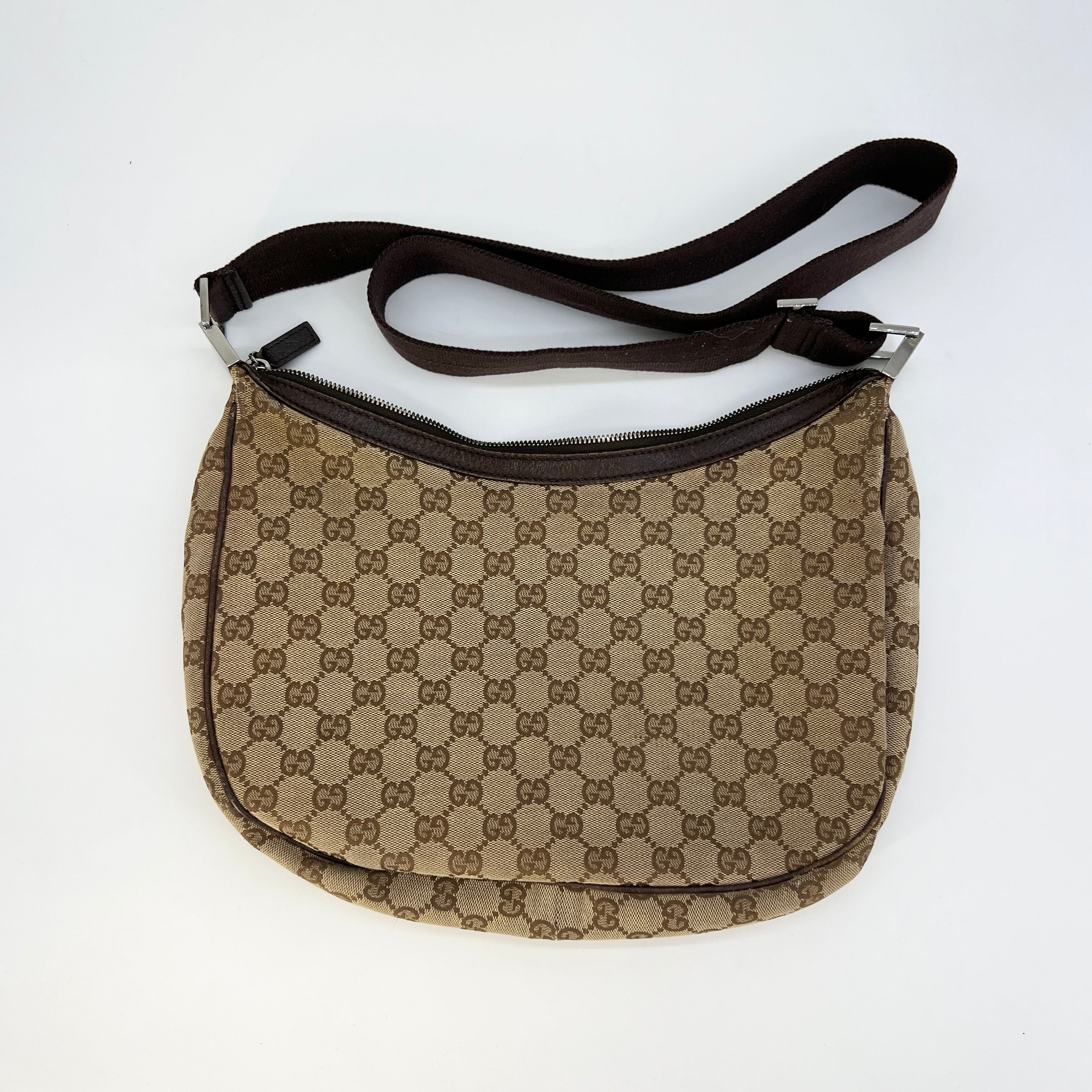 Gucci 70s tan/brown coated canvas & leather monogram hobo bag w/ charm,  dust bag