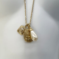 Guaranteed Authentic Chanel Pearl & Medallion Pendant With Crystal CC Long Necklace 19.5”