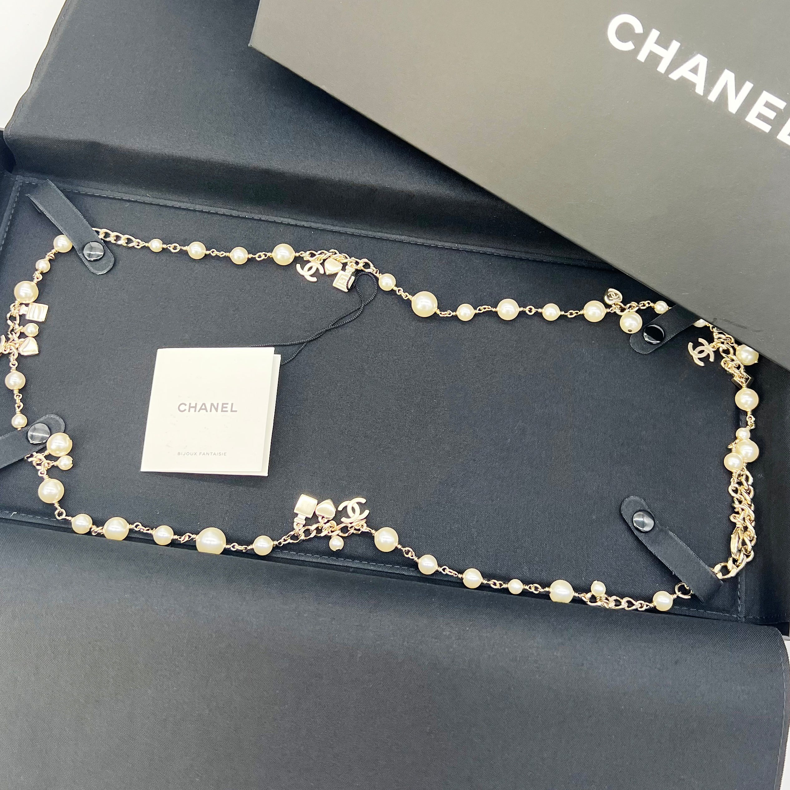 Guaranteed Authentic Chanel Pearl Multi Strand With Perfume, Heart and CC Long Necklace 17”
