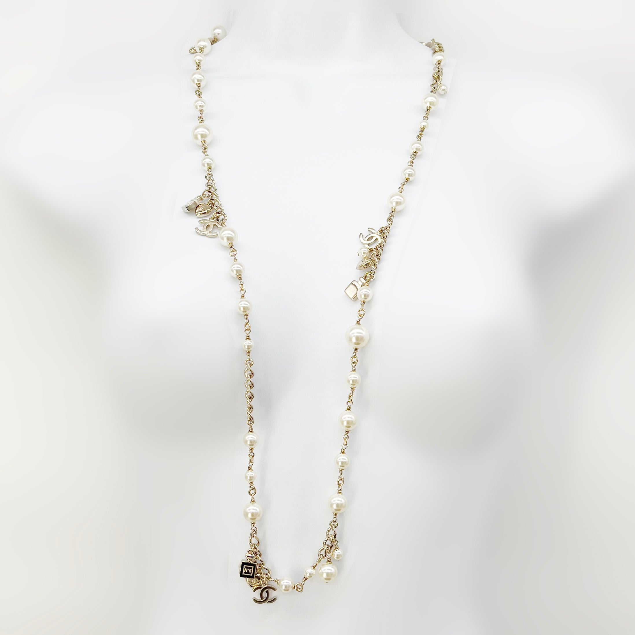 Chanel 19B Logo Strass Pearl Multi-Strand Gold Metal Necklace 