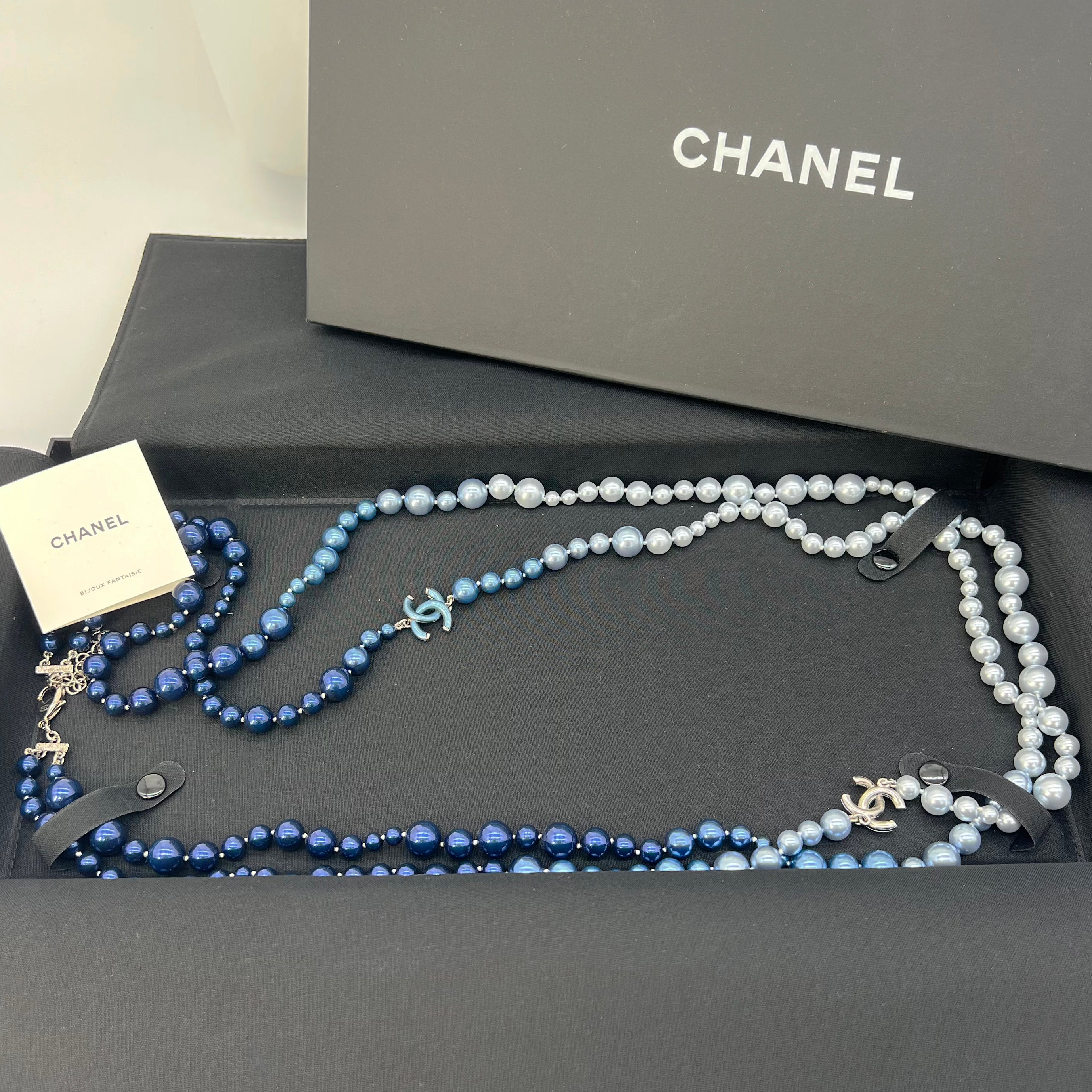 Guaranteed Authentic Chanel CC A18S Blue Gradient Pearl lined strand with CC Necklace 21”