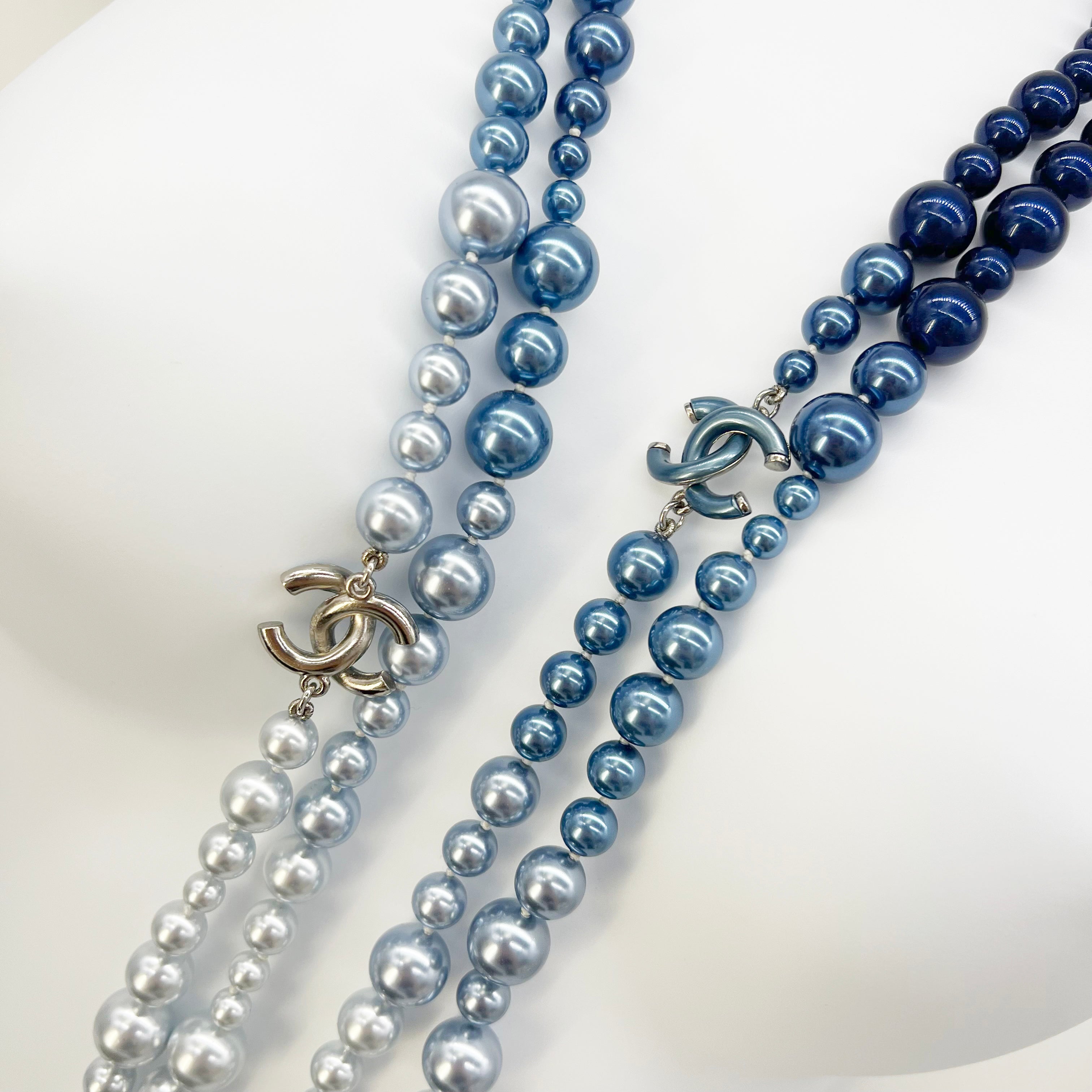 Guaranteed Authentic Chanel CC A18S Blue Gradient Pearl lined strand with  CC Necklace 21” - 21” / Blue / Brand New