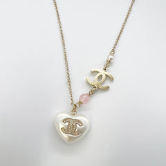 Guaranteed Authentic Chanel Resin Crystal CC Heart with Pink Bead Necklace Pearly White Gold 12.25in